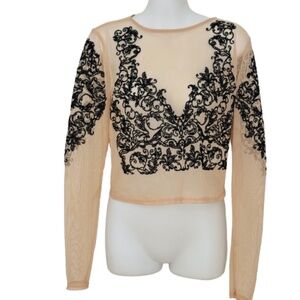 NWT ASOS nude sheer crop top embossed with black filigree size medium